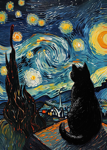 Starry Night Black Cat Painting Poster