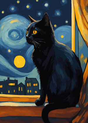 Starry Night Black Cat Poster