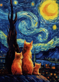 Starry Night Cat Family Painting Poster