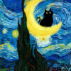 The Starry Night Black Cat Poster