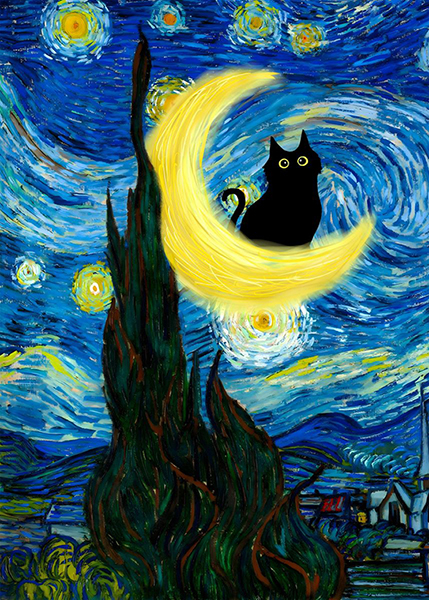 The Starry Night Black Cat Poster