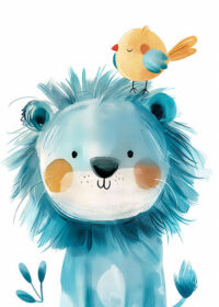 Cheeky Blue Lion With A Bird Kids Room Poster