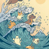 Dogs Swimming Great Wave Kanagawa Japanese Poster