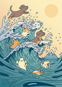 Dogs Swimming Great Wave Kanagawa Japanese Poster