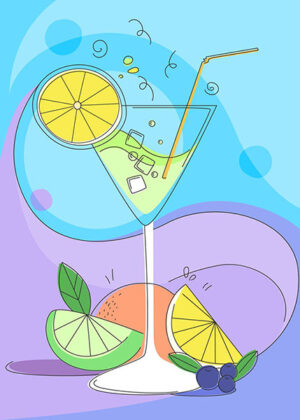 Illustration With Cocktail And Citrus Fruits In Doodle Style Poster