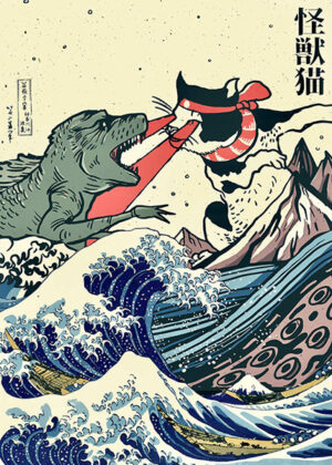 Japanese Kaiju Vs Cat Kanagawa Waves Poster