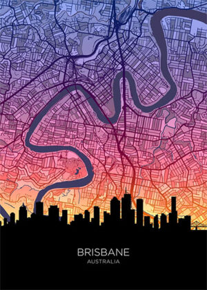 Neon Brisbane Skyline Australia Maps Poster