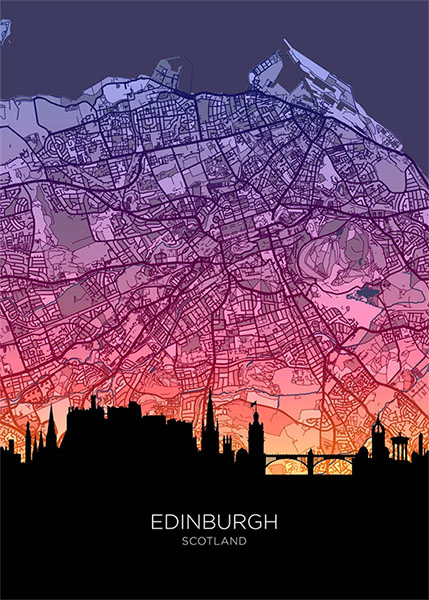 Neon Edinburgh Skyline Scotland Maps Poster