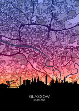 Neon Glasgow Skyline Scotland Maps Poster