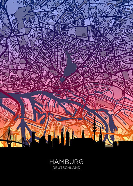 Neon Hamburg Skyline Deutschland Maps Poster