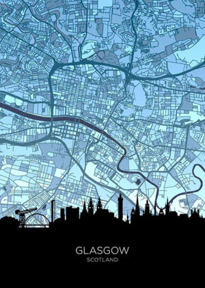 Glasgow Skyline Scotland Maps Poster