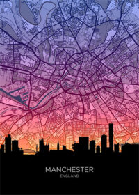 Neon Manchester Skyline England Maps Poster