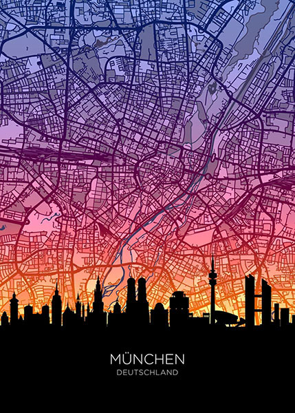 Neon Munchen Skyline Deutschland Maps Poster