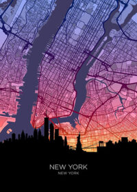 Neon New York Skyline United States of America Maps Poster