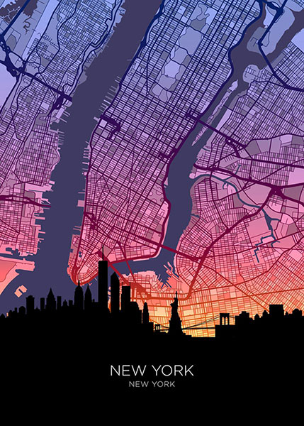 Neon New York Skyline United States Of America Maps Poster