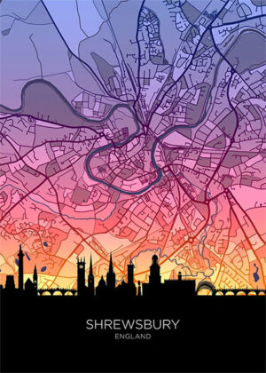 Neon Shrewsbury Skyline England Maps Poster