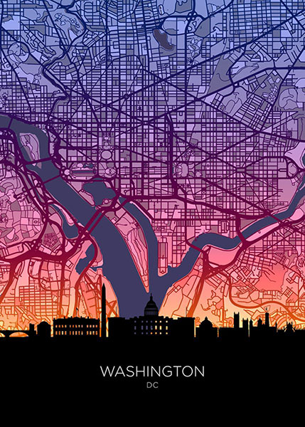 Neon Washington Dc Skyline United States Of America Maps Poster