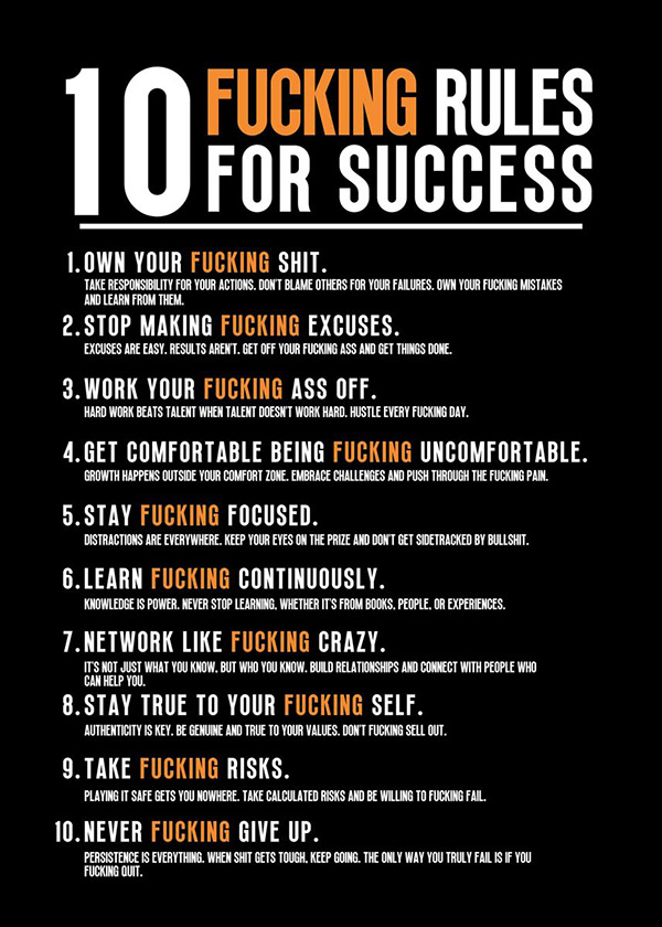 10 Fucking Rules For Success Motivational Quote Poster