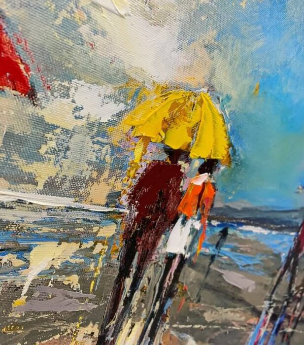 Yellow Umbrella Couple In Rain Poster