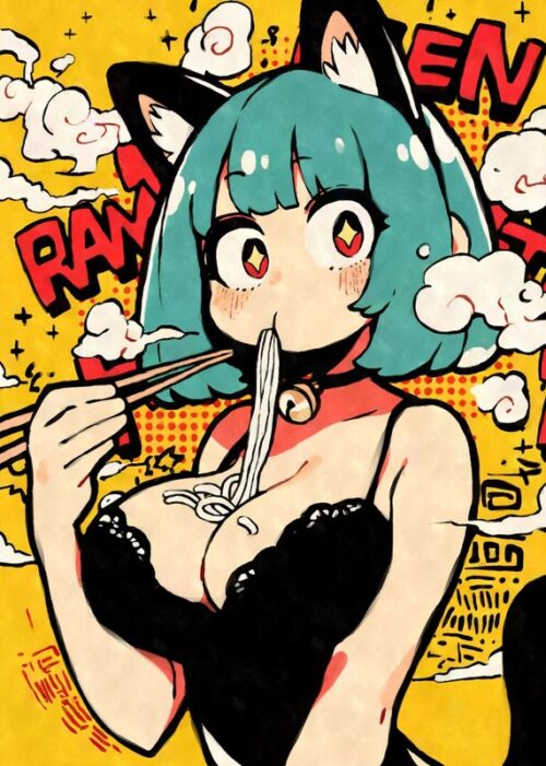 Cat Girl Eating Ramen Noodles Poster