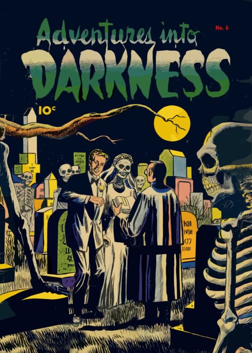 Adventure into darkness vintage horror comic poster