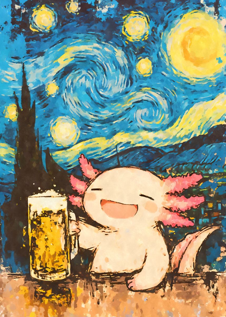 Axolotl Beer Starry Night Poster