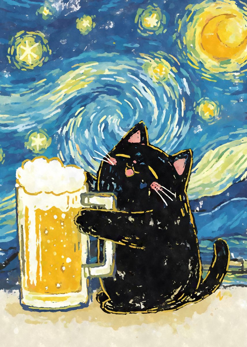 Black Cat Beer Starry Night Poster