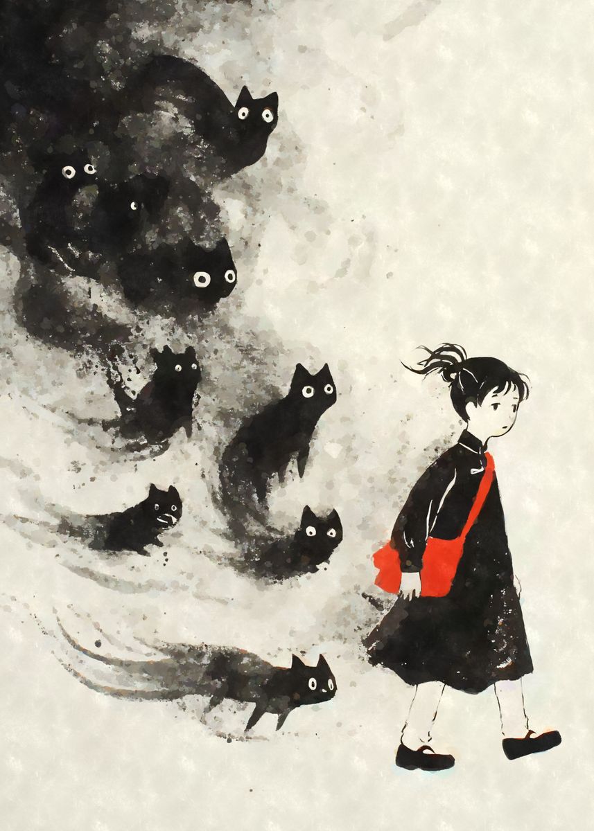 Black Cat Ghosts Yokai Poster