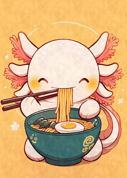 Cute axolotl eating ramen poster