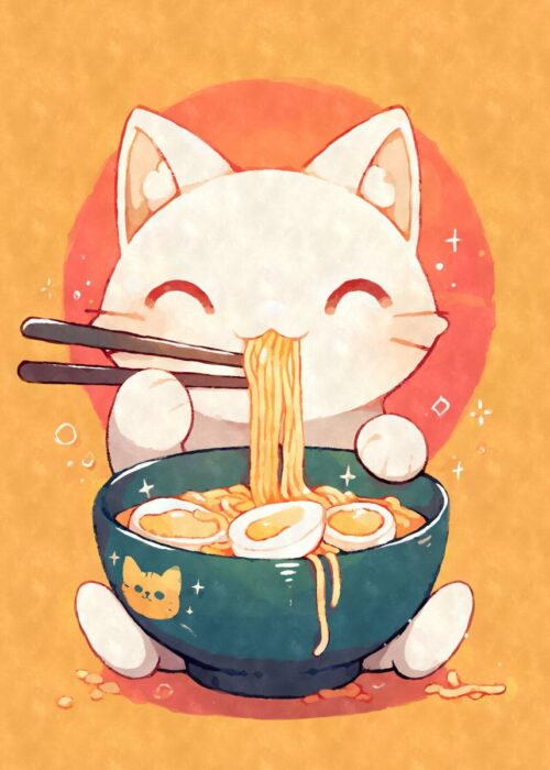 Cute cat eating ramen poster