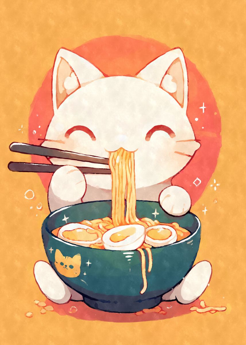 Cute Cat Eating Ramen Poster