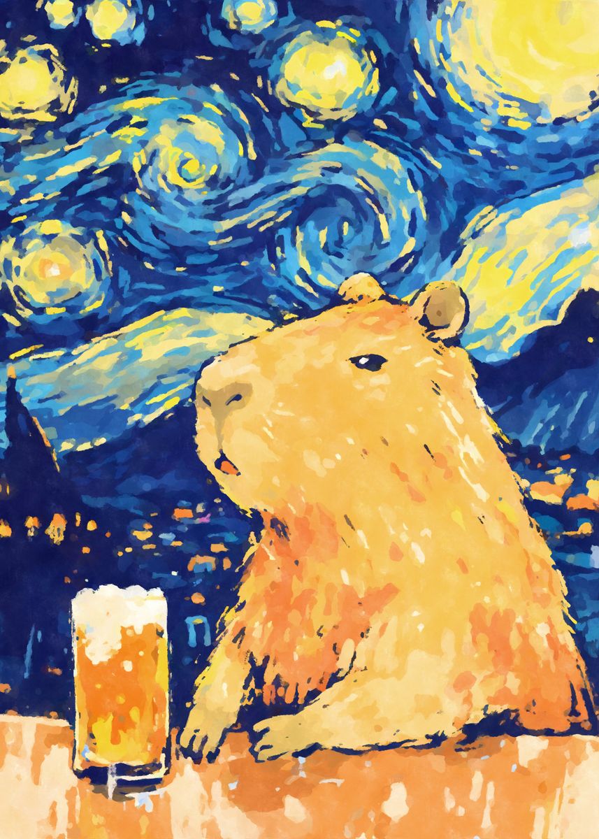 Funny Capybara Beer Starry Night Poster