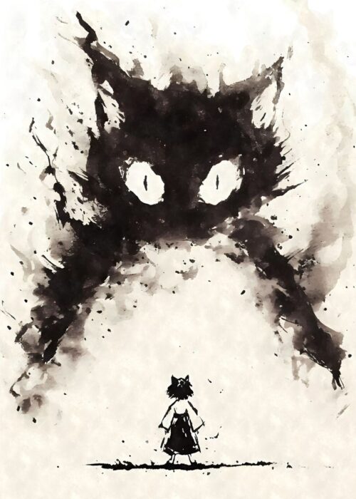 Girl against bakeneko yokai poster