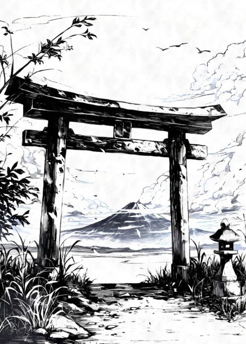 Japan torii gate black ink poster