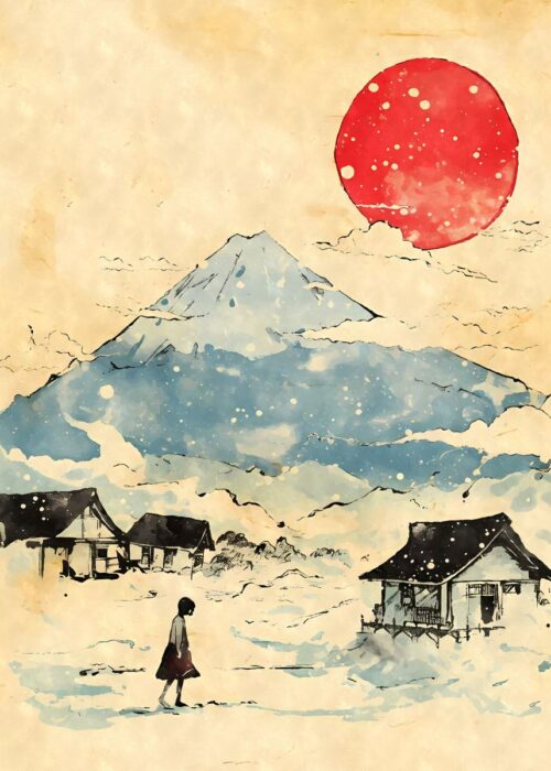 Japanese mountain village landscape poster