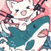 Kawaii Cat Riding Shark With Guns Poster