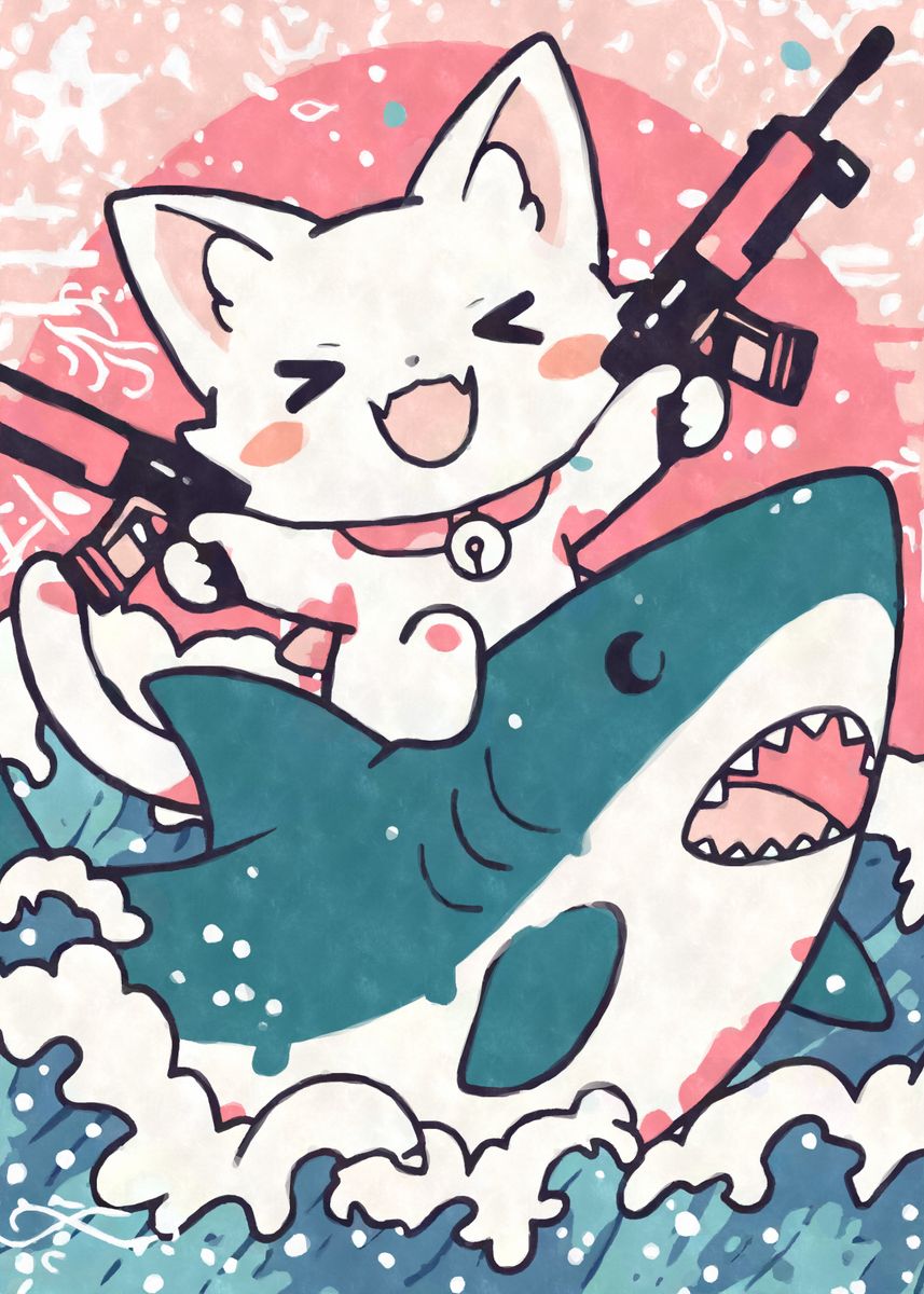 Kawaii Cat Riding Shark With Guns Poster