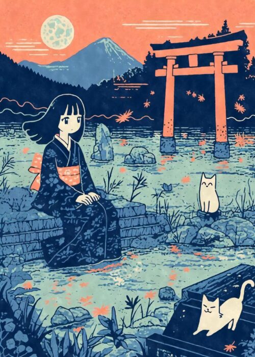 Kimono girl torii lake cats poster