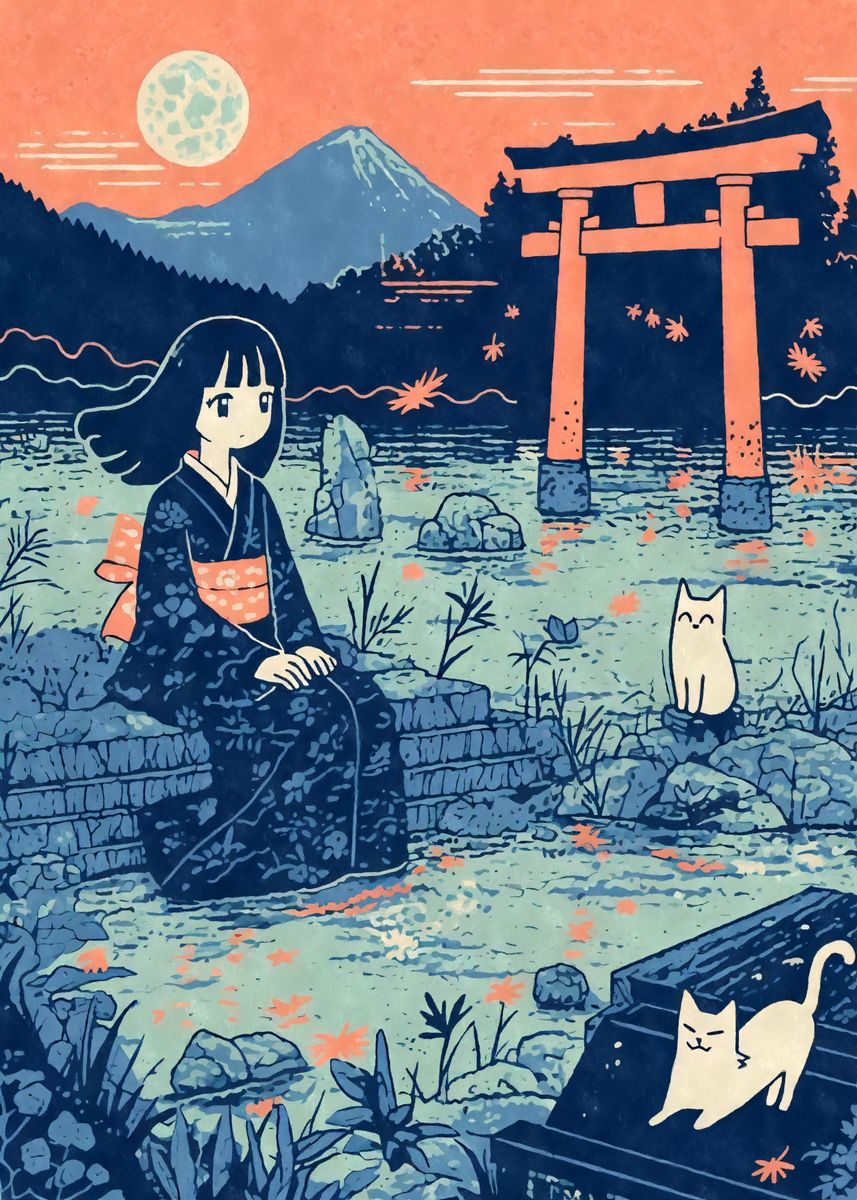 Kimono Girl Torii Lake Cats Poster