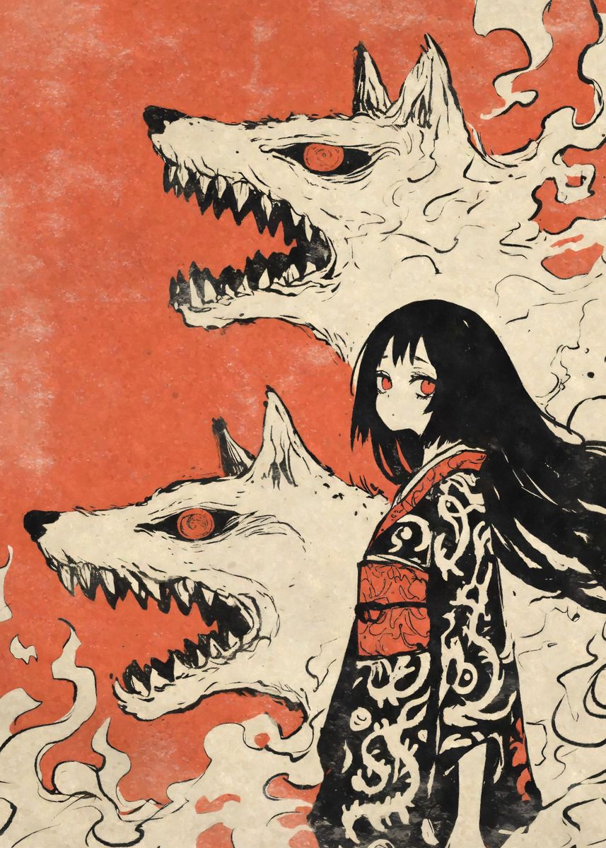 Kimono Girl Wolf Yokai Poster