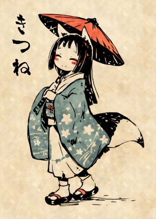 Kitsune girl in kimono yokai poster