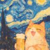 Orange Cat Beer Starry Night Poster