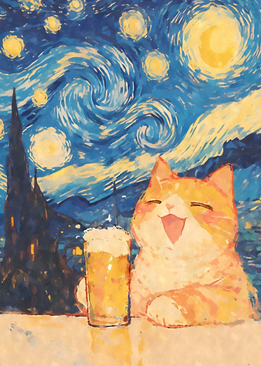 Orange Cat Beer Starry Night Poster