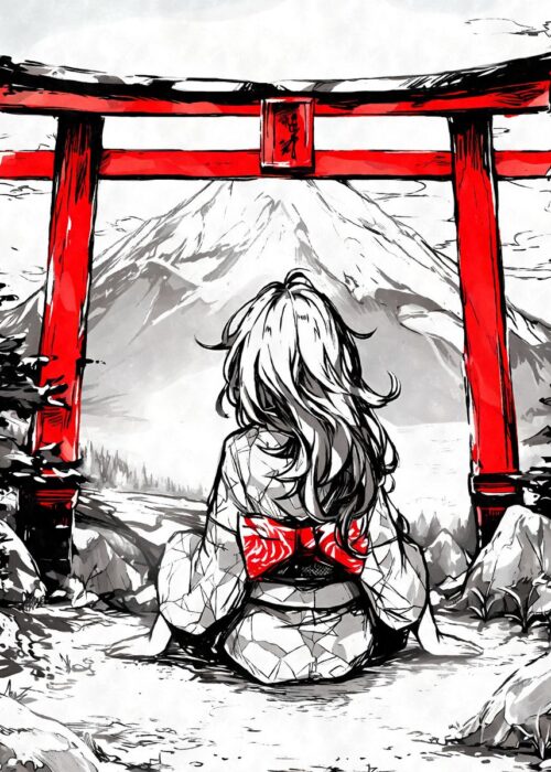 Torii gate kimono girl ink poster