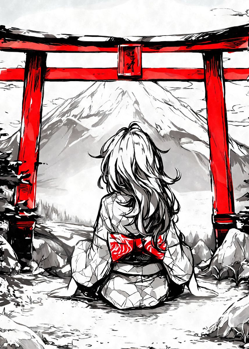 Torii Gate Kimono Girl Ink Poster