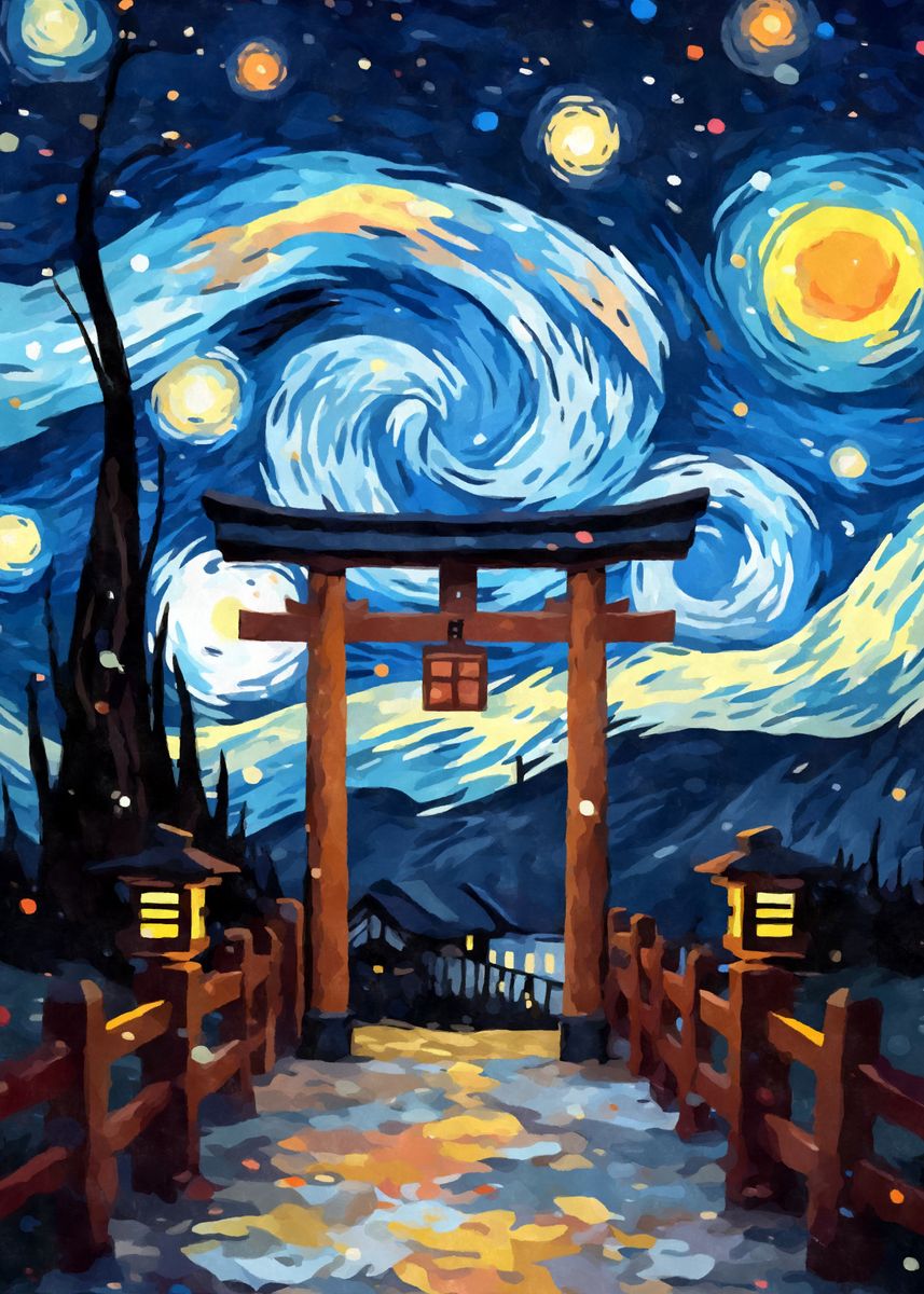 Torii Gate Starry Night Poster