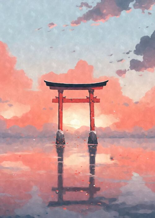 Torii gate on lake japan poster