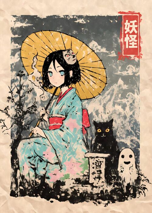 Yokai geisha with cat and ghost poster