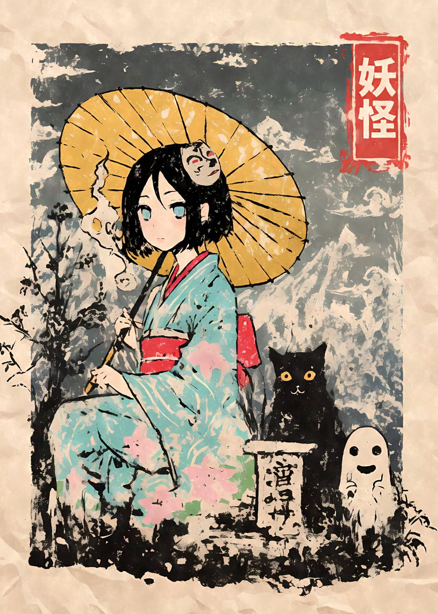 Yokai Geisha With Cat And Ghost Poster