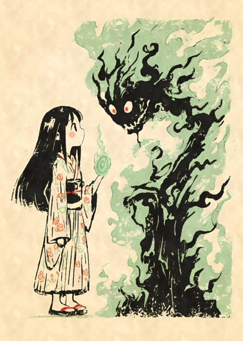 Yokai girl and flame spirit poster